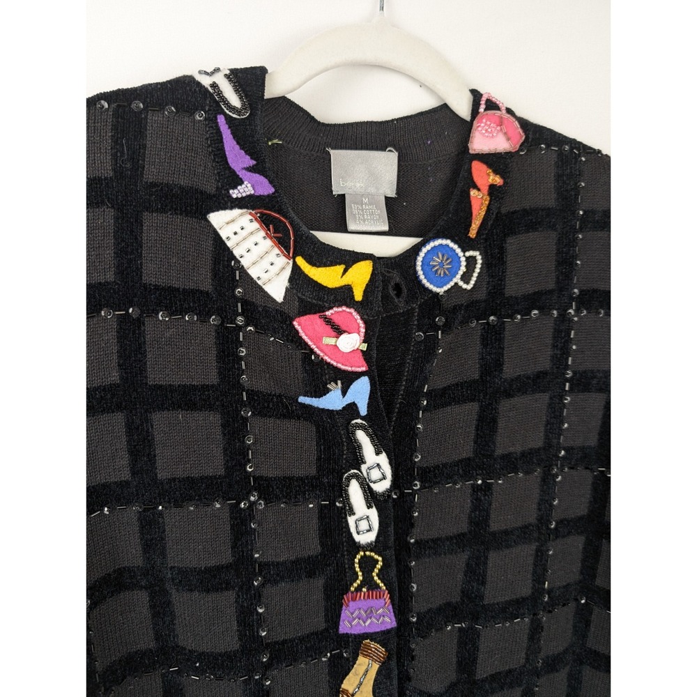 Vintage 90s Shopping Lover Shoe Purse Cardigan Size M Black Beaded Novelty Retro - Picture 4 of 8